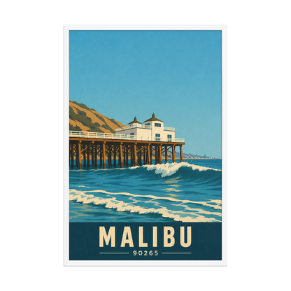 Framed Malibu oceanfront pier and waves poster with 90265 zip code