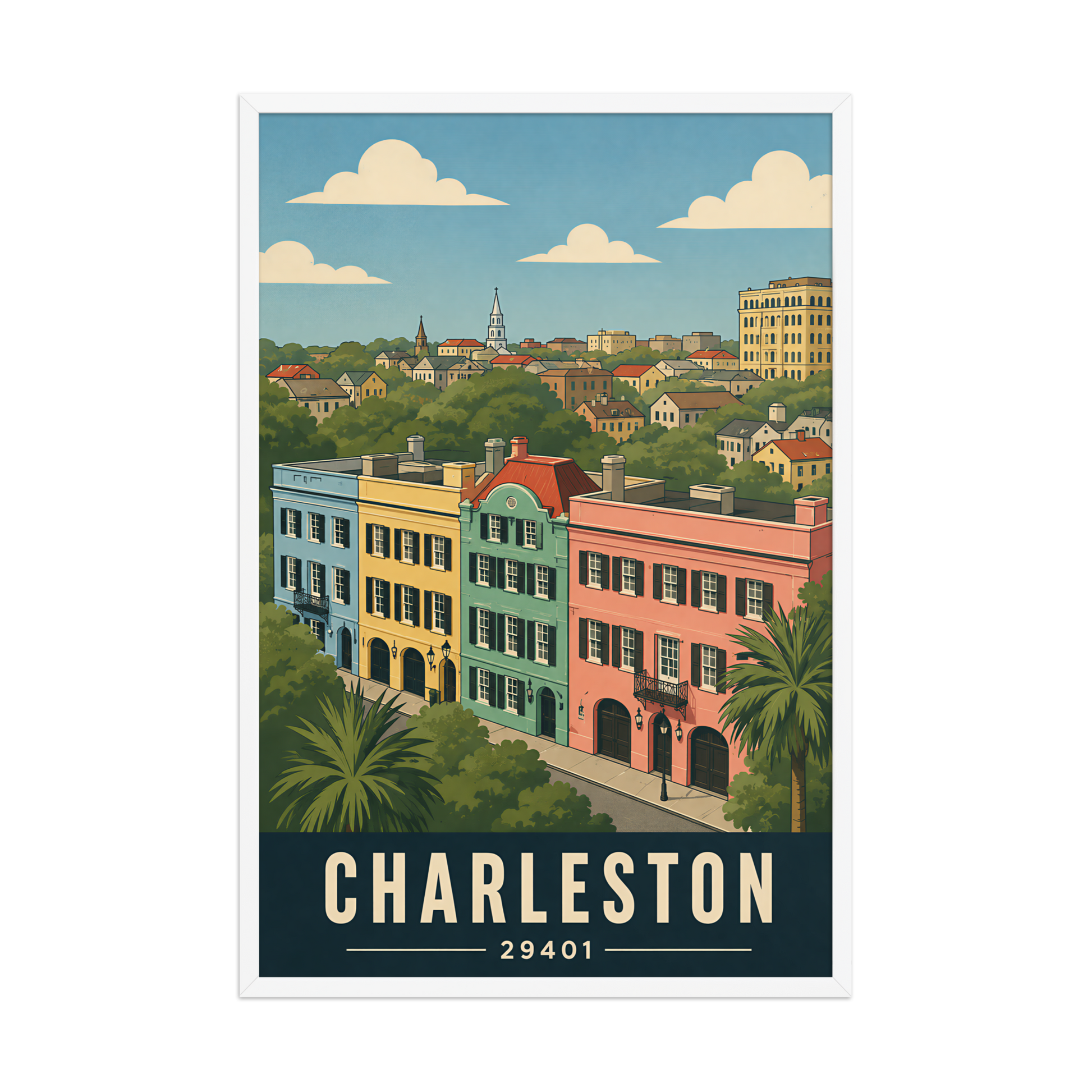 Framed Rainbow Row Charleston historic homes poster with 29401 zip code