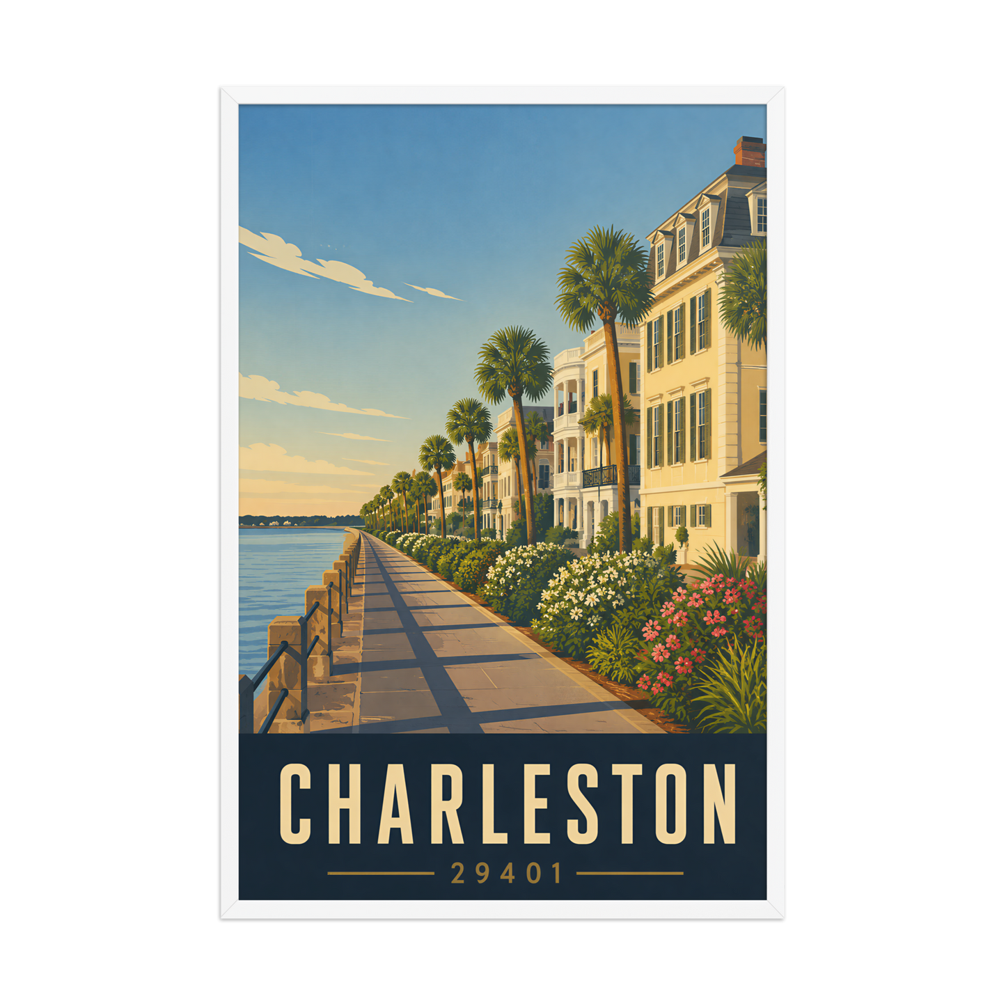 Framed Charleston The Battery waterfront poster with 29401 zip code