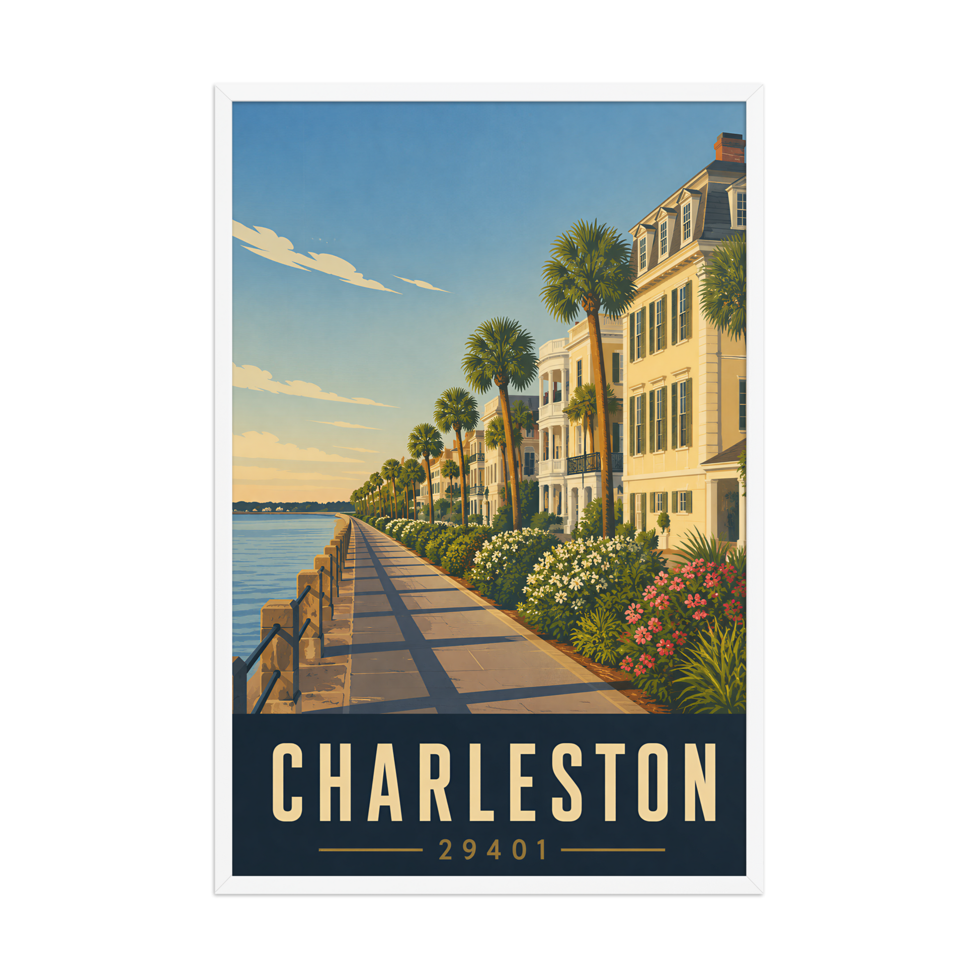 Framed Charleston The Battery waterfront poster with 29401 zip code