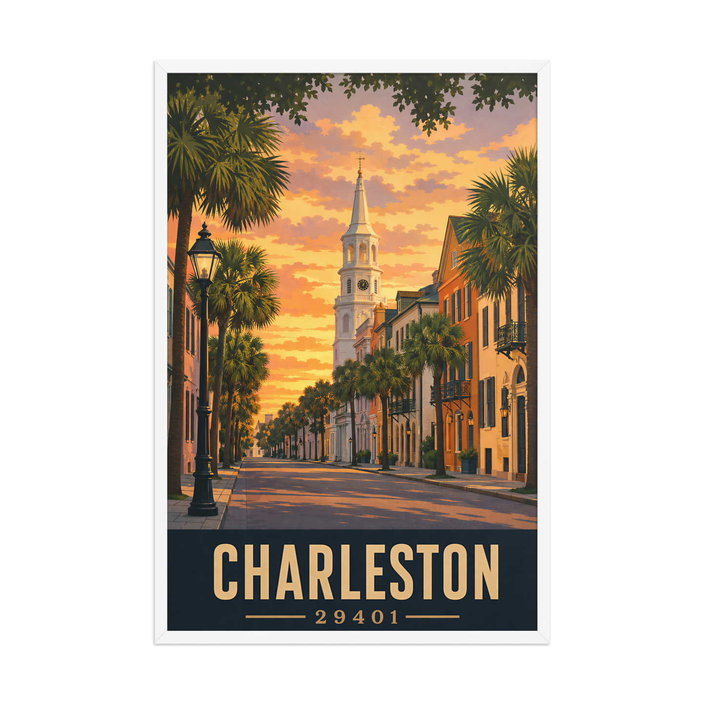 Framed Charleston church steeple sunset poster with 29401 zip code