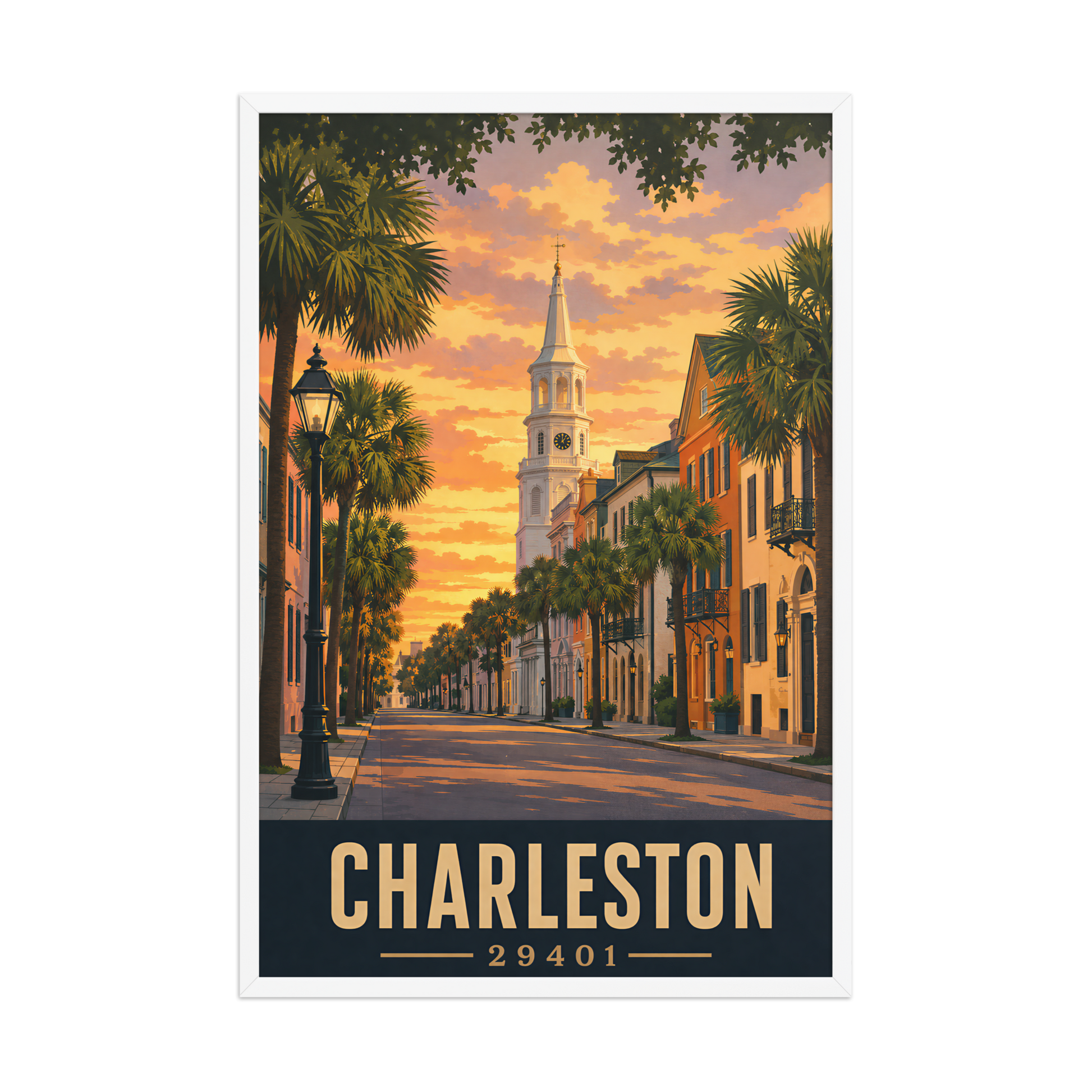 Framed Charleston church steeple sunset poster with 29401 zip code