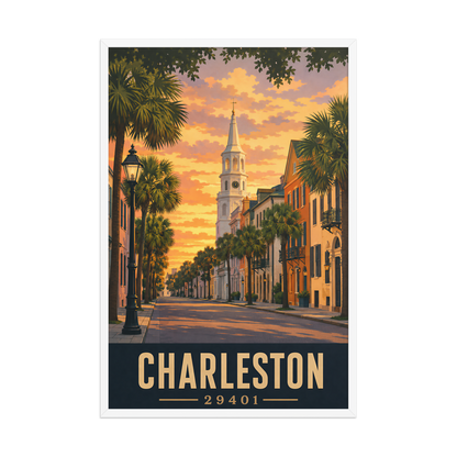 Framed Charleston church steeple sunset poster with 29401 zip code