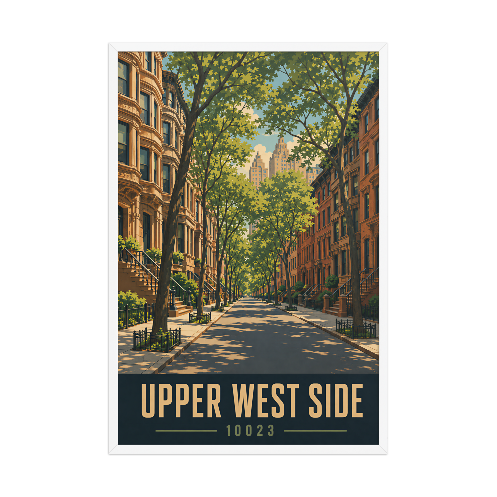 Framed Upper West Side brownstone street poster with 10023 zip code