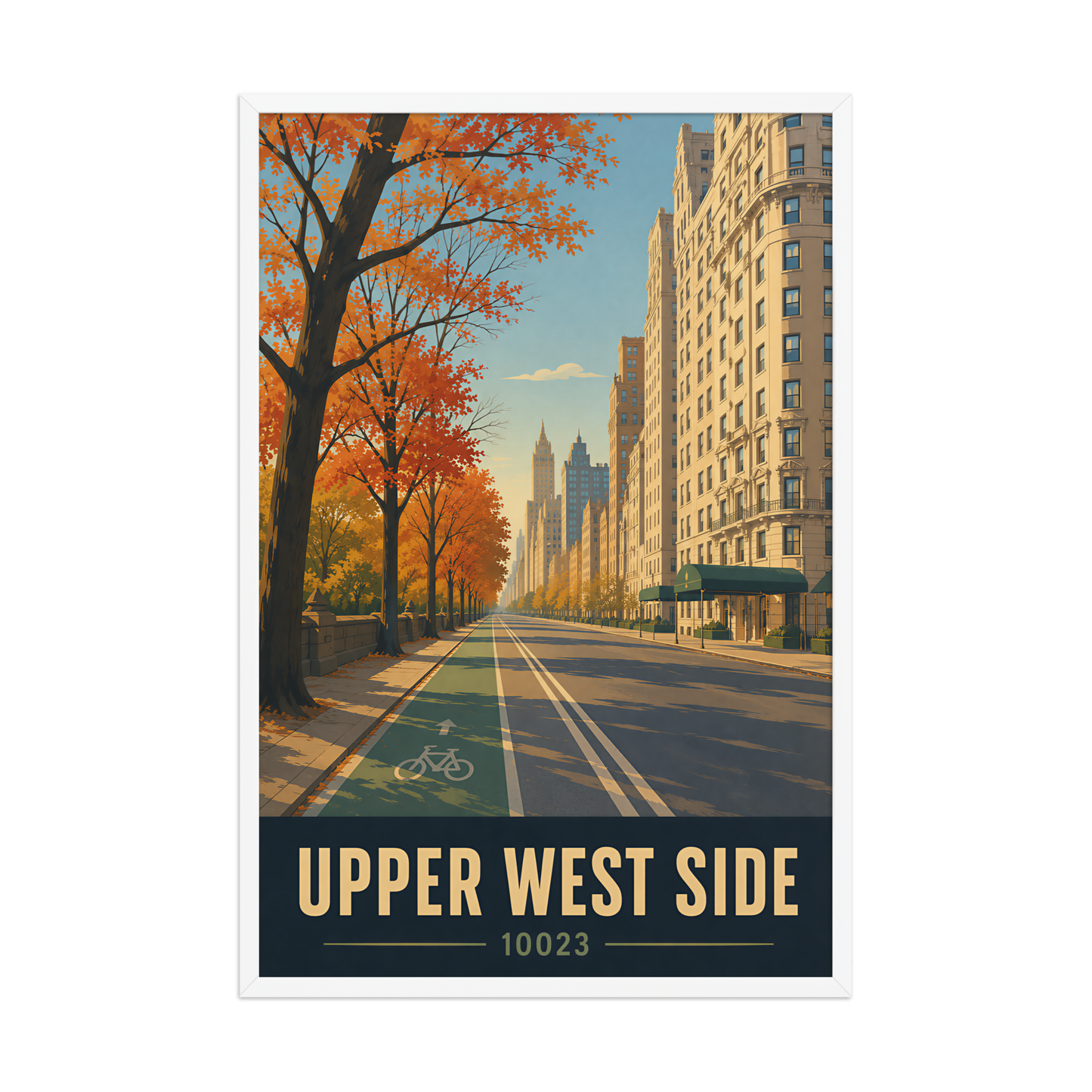 Framed Central Park West autumn poster with 10023 zip code