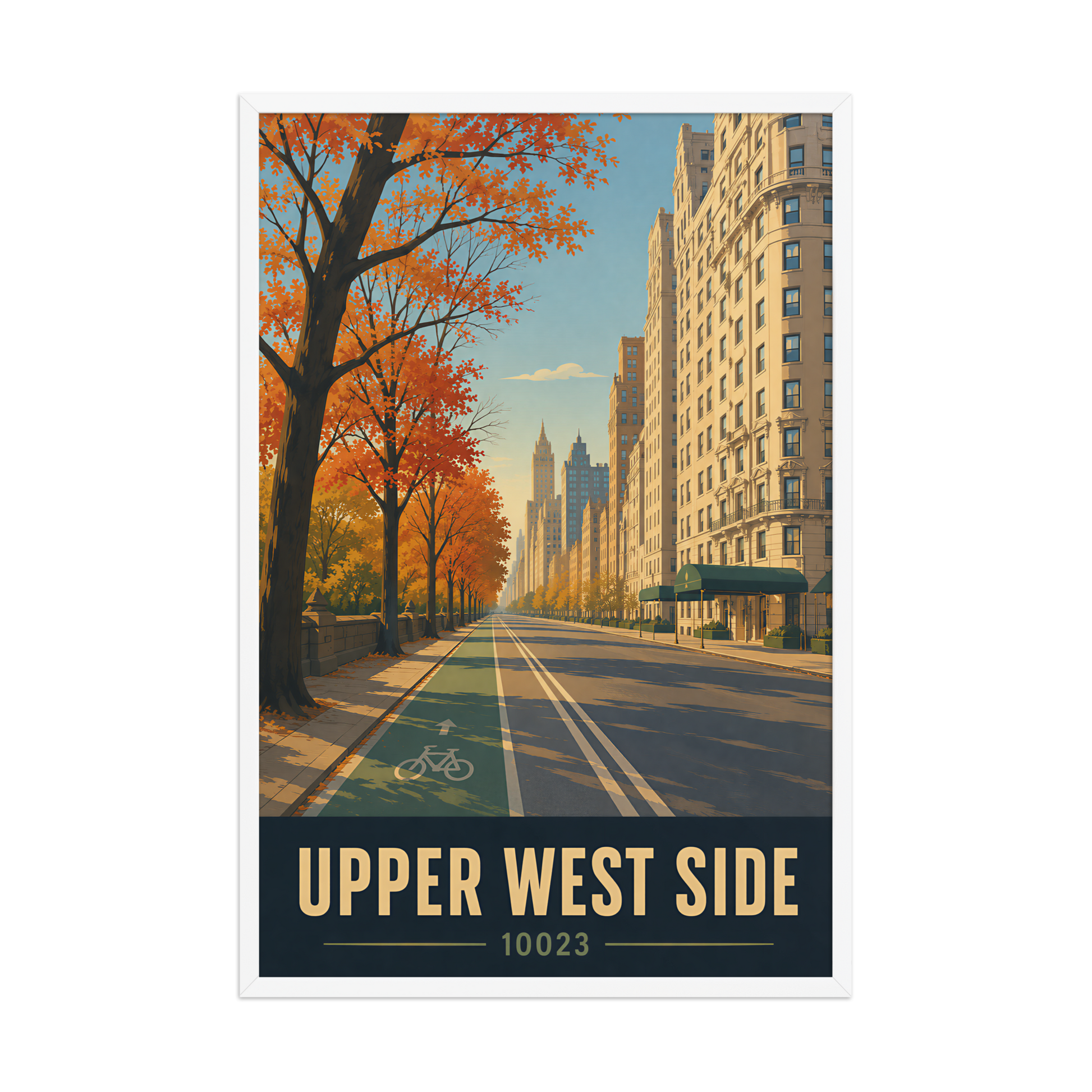 Framed Central Park West autumn poster with 10023 zip code