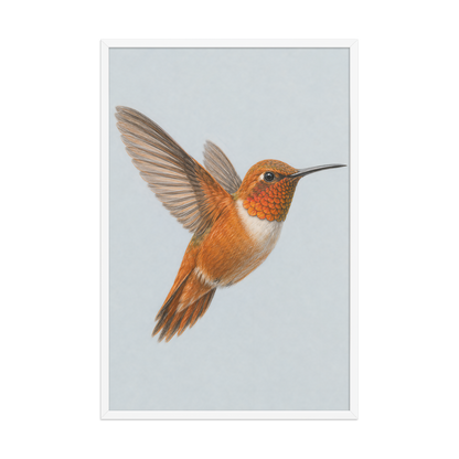 Framed Rufous hummingbird colored pencil illustration print on dusty blue pastel background, wood frame wall art