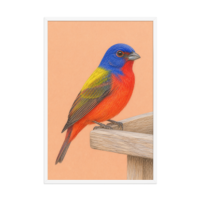 Framed Painted Bunting colored pencil illustration on wooden feeder, apricot background, wood frame wall art
