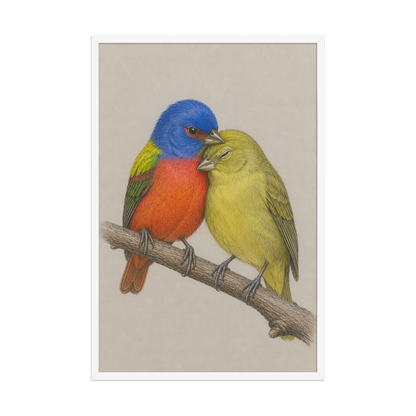 Framed male and female Painted Bunting pair colored pencil illustration, wood frame wall art