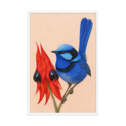 Framed Splendid Fairywren blue wren colored pencil illustration, terracotta background, wood frame wall art