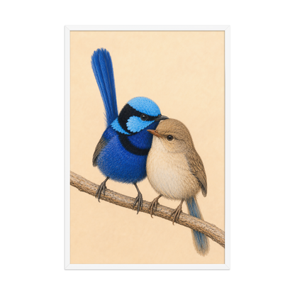 Framed male and female Splendid Fairywren blue wren pair colored pencil illustration, wood frame wall art