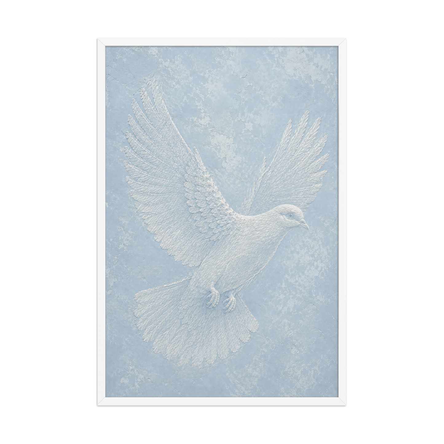 Framed peace dove print with embossed relief-look design on dusty blue textured background