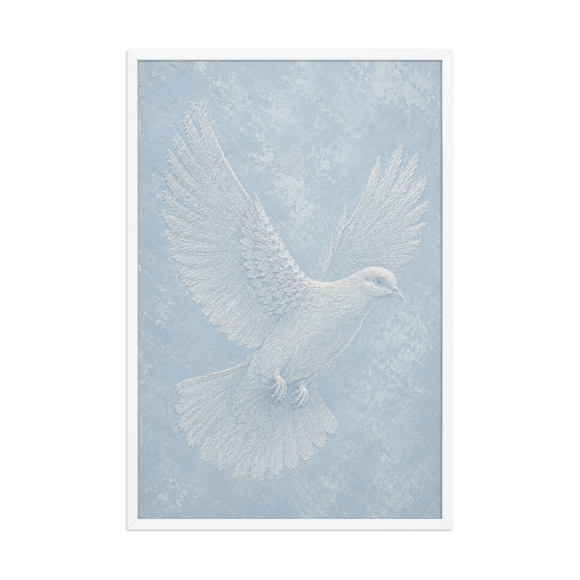 Framed peace dove print with embossed relief-look design on dusty blue textured background