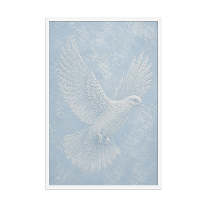 Framed peace dove print with embossed relief-look design on dusty blue textured background