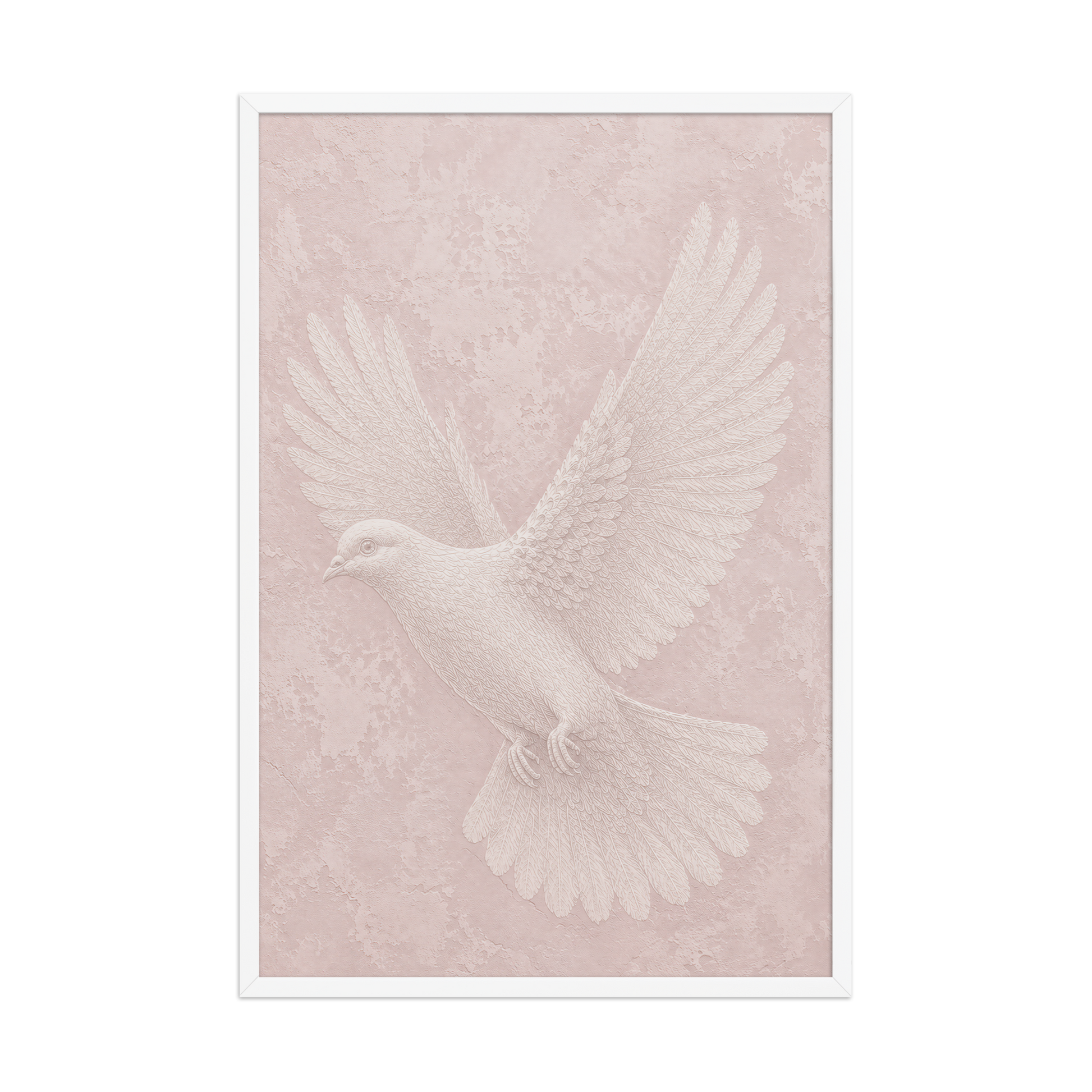 Framed peace dove print with embossed relief-look design on blush pink textured background