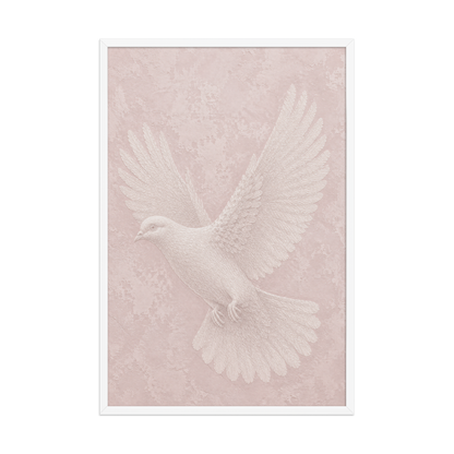 Framed peace dove print with embossed relief-look design on blush pink textured background
