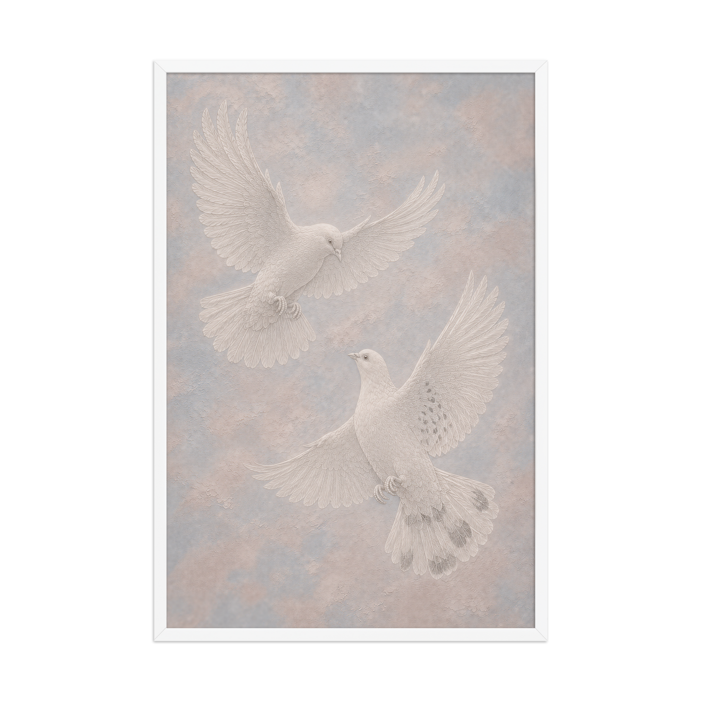 Framed two peace doves print with embossed relief-look design on dusty blue and blush textured background