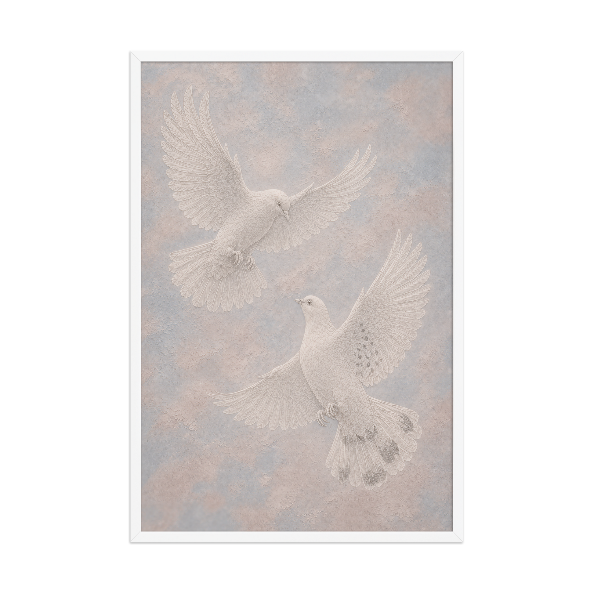 Framed two peace doves print with embossed relief-look design on dusty blue and blush textured background