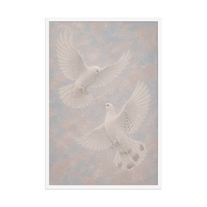 Framed two peace doves print with embossed relief-look design on dusty blue and blush textured background