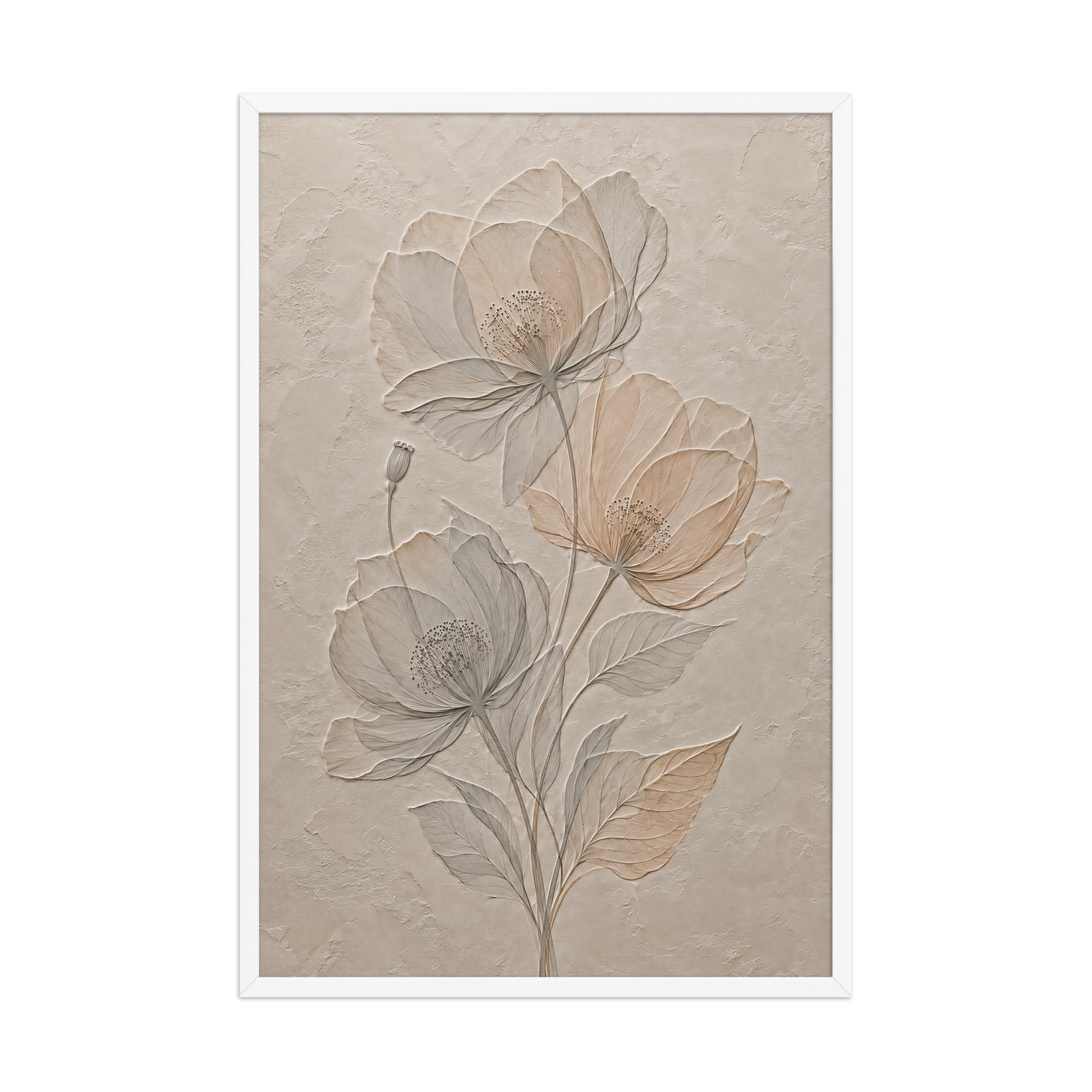Framed wildflower bouquet print with embossed relief-look design on neutral beige textured background