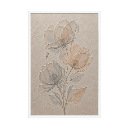 Framed wildflower bouquet print with embossed relief-look design on neutral beige textured background