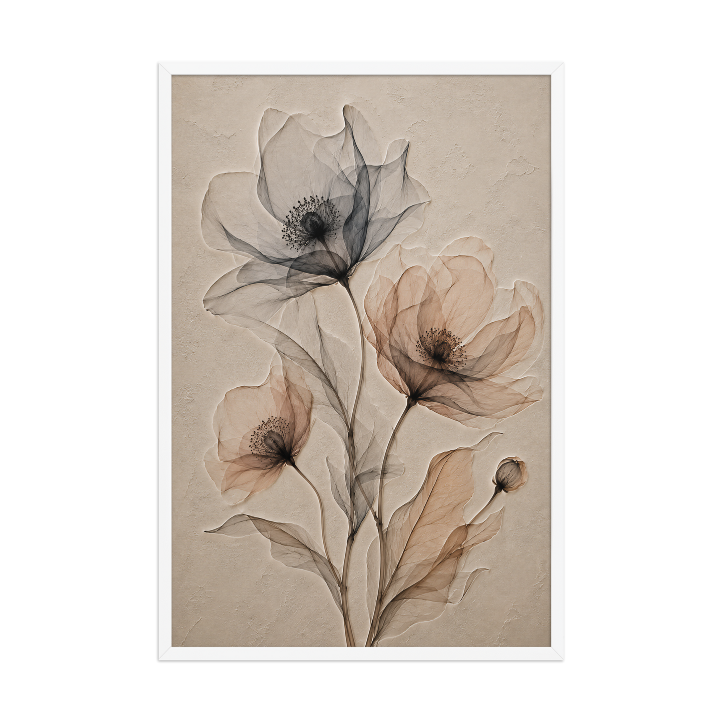 Framed wildflower trio print with embossed relief-look design in charcoal and clay tones on beige textured background