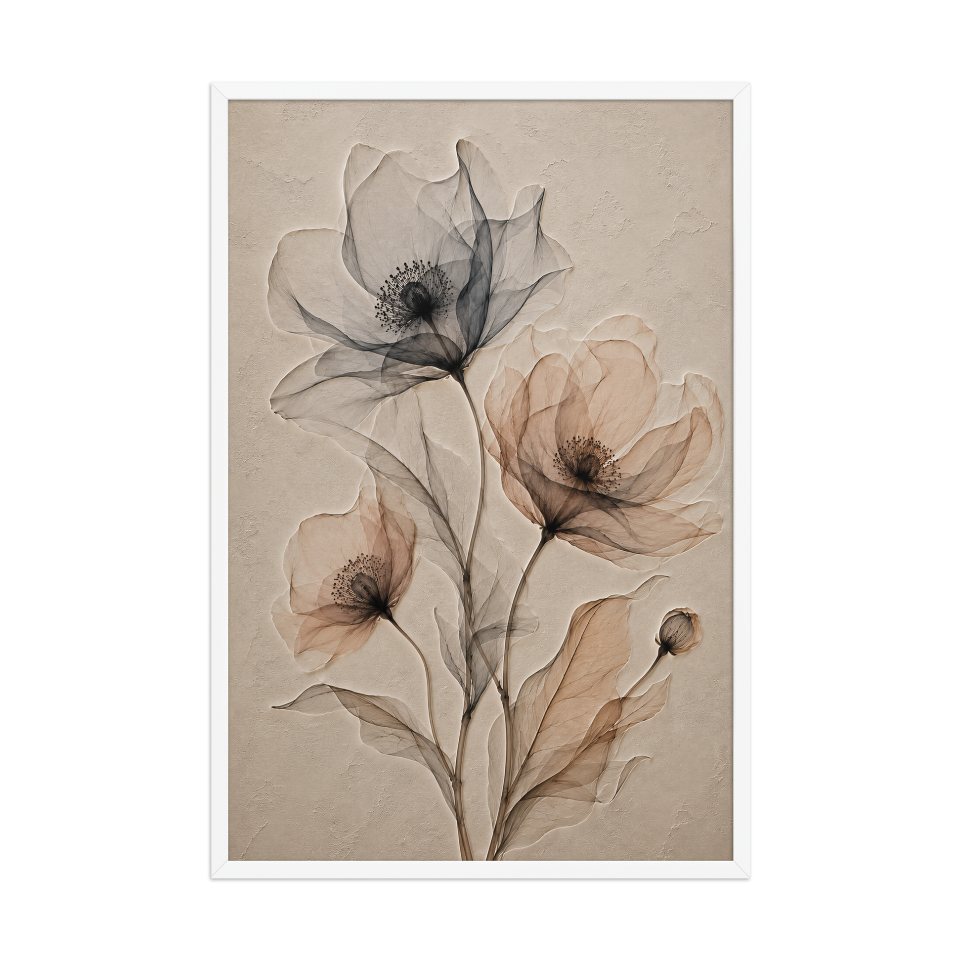 Framed wildflower trio print with embossed relief-look design in charcoal and clay tones on beige textured background