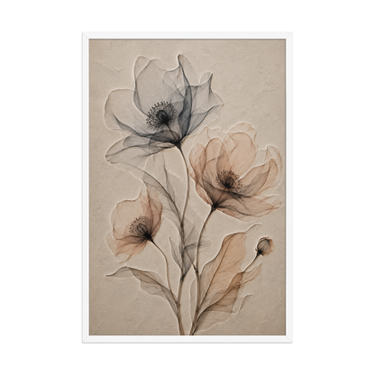 Framed wildflower trio print with embossed relief-look design in charcoal and clay tones on beige textured background