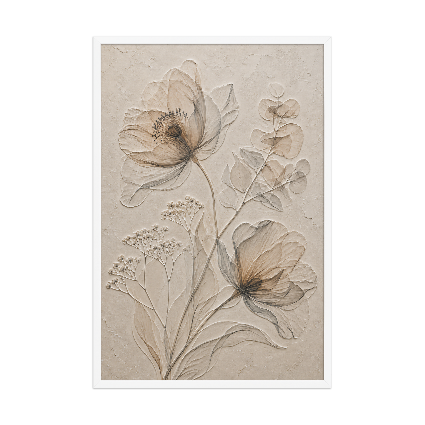 Framed botanical study print with embossed relief-look design in warm sepia tones on beige textured background