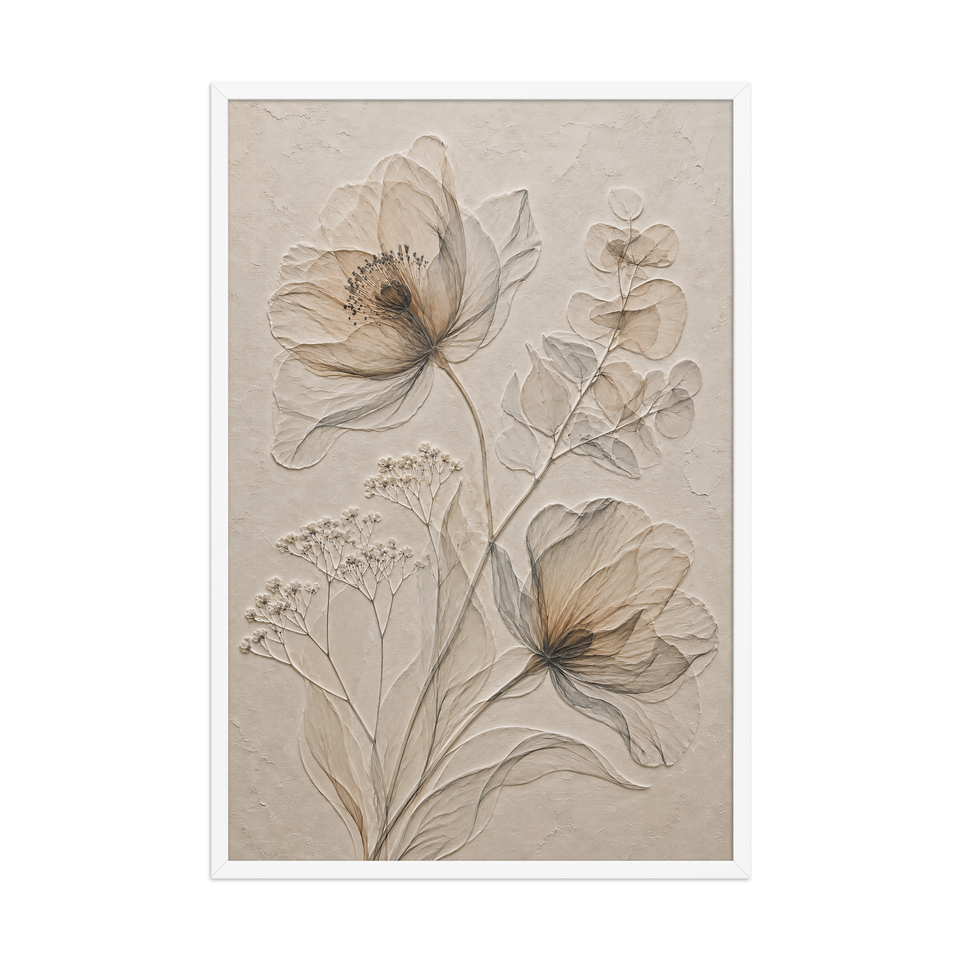 Framed botanical study print with embossed relief-look design in warm sepia tones on beige textured background