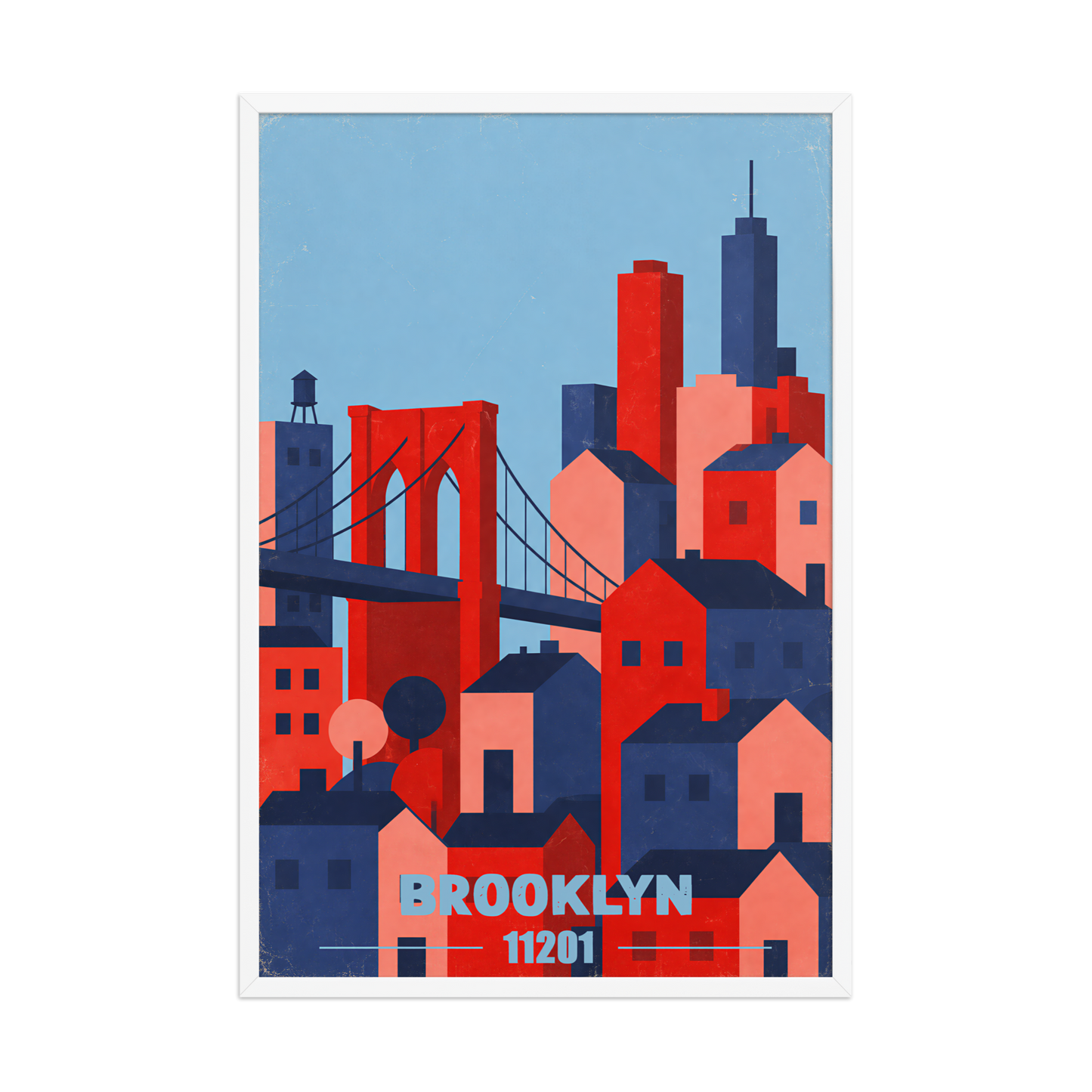 Framed Brooklyn Bridge retro travel poster, 11201 zip code wall art
