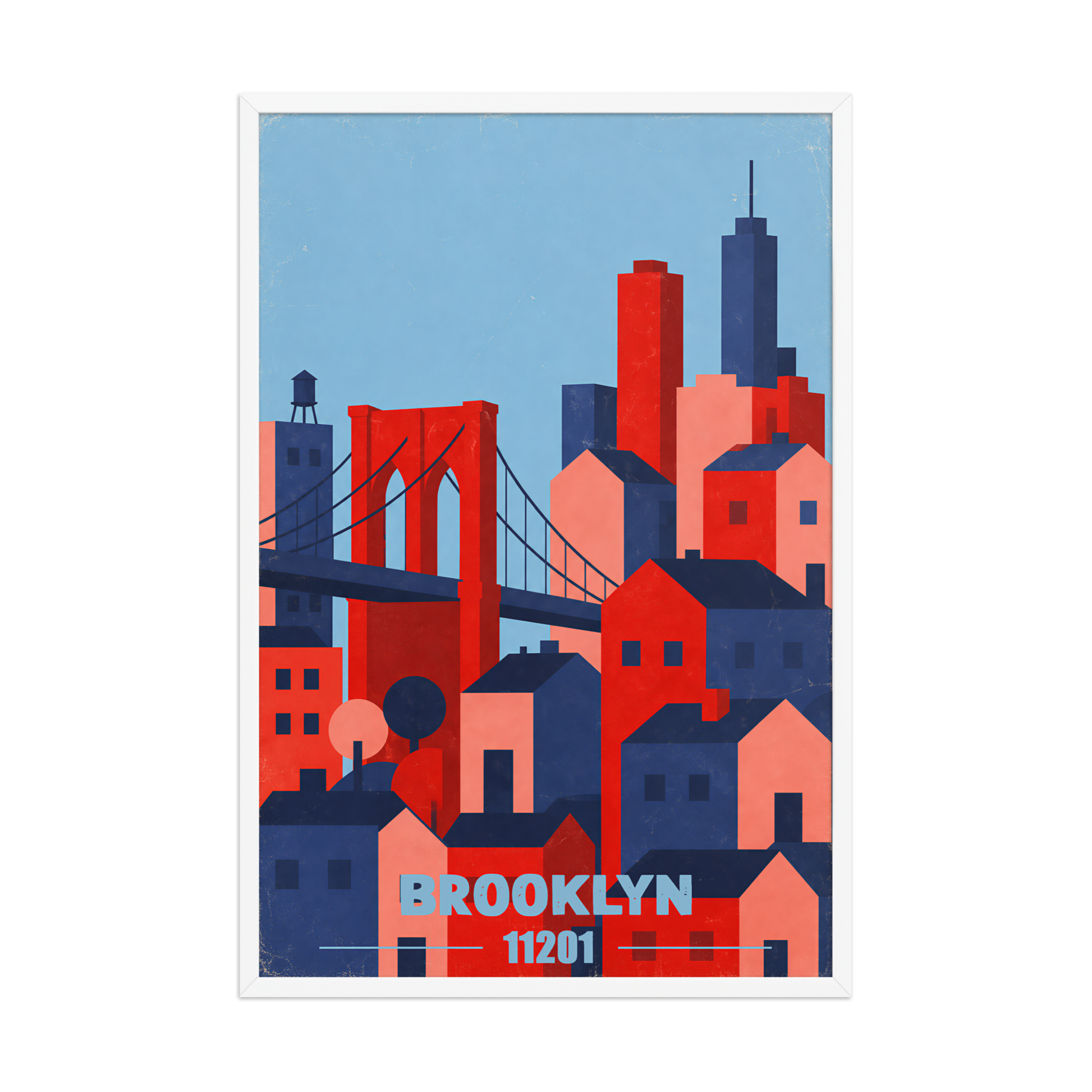 Framed Brooklyn Bridge retro travel poster, 11201 zip code wall art