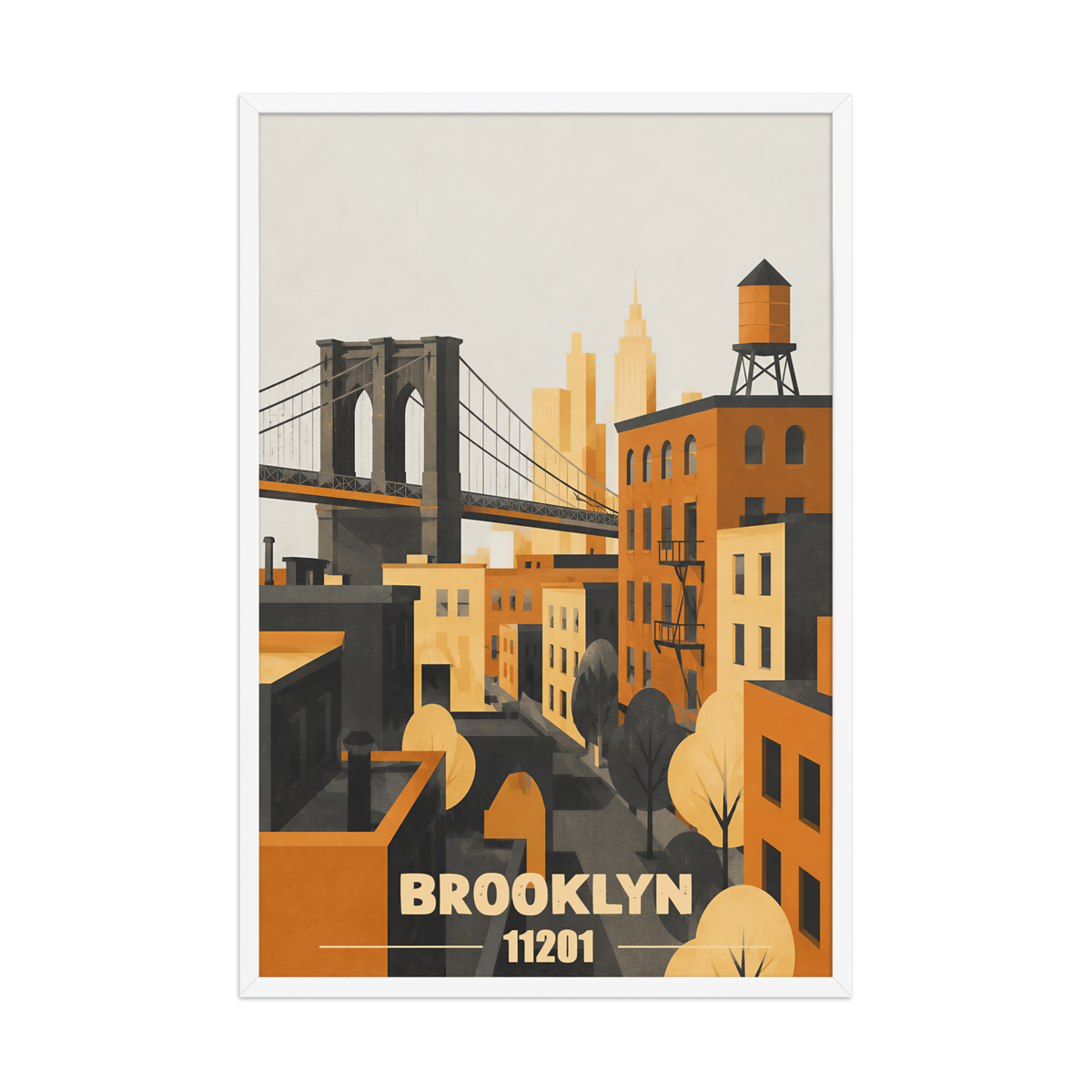 Framed Brooklyn fire escape retro travel poster, 11201 zip code wall art