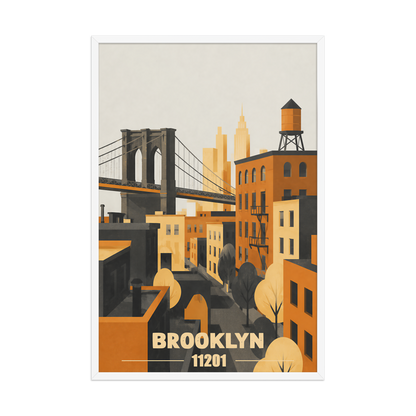 Framed Brooklyn fire escape retro travel poster, 11201 zip code wall art