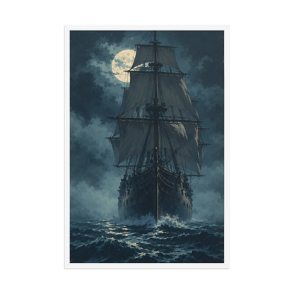 Tall ship sailing under full moon at night, vintage atmospheric nautical framed wall art print ready to hang, JMTR Jeometry Store
