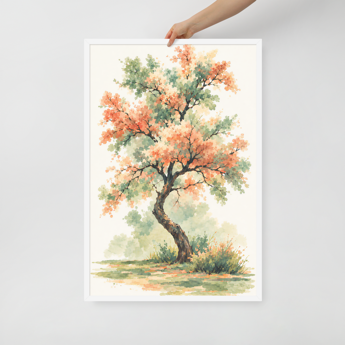 Watercolor painting of a blossoming tree with coral and sage green leaves, twisting trunk in a quiet meadow, framed wall art print ready to hang, JMTR Jeometry Store