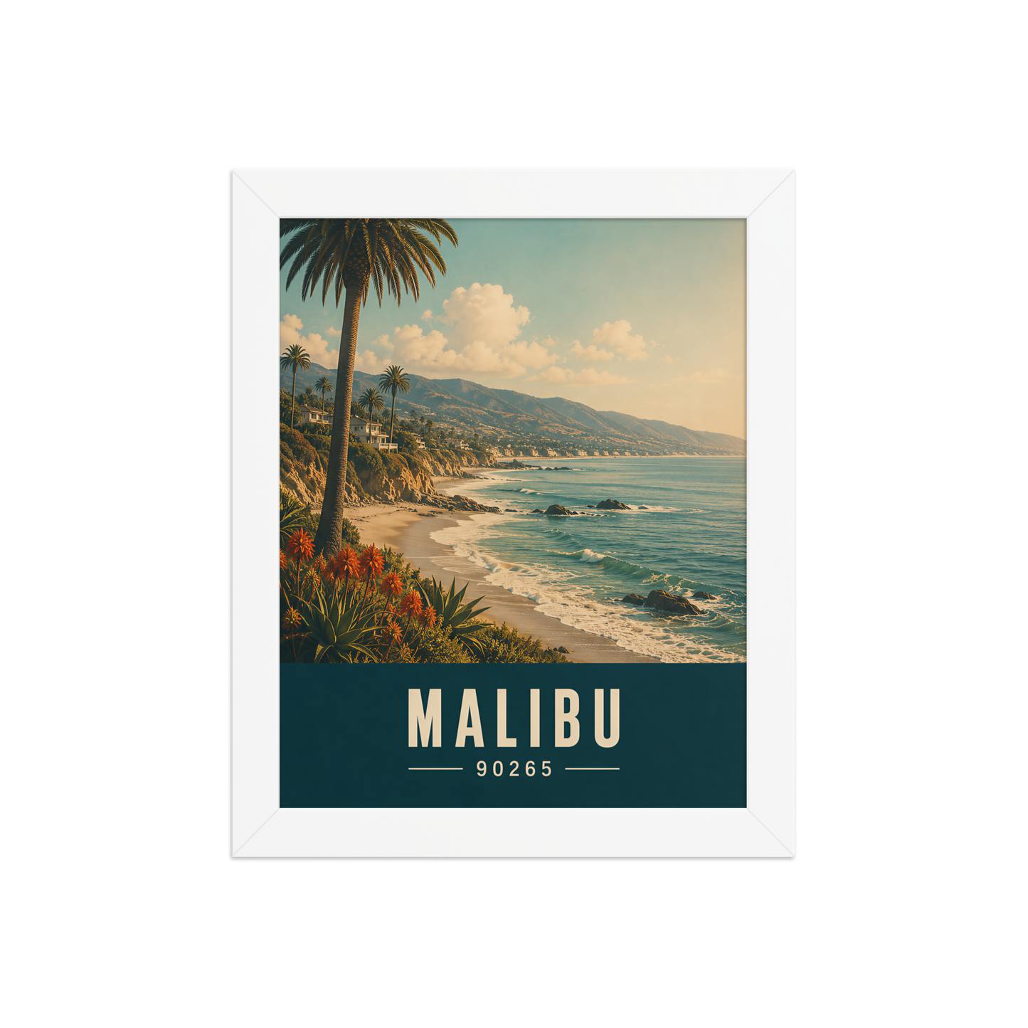 Framed Malibu California retro travel poster with 90265 zip code, coastal beach wall art