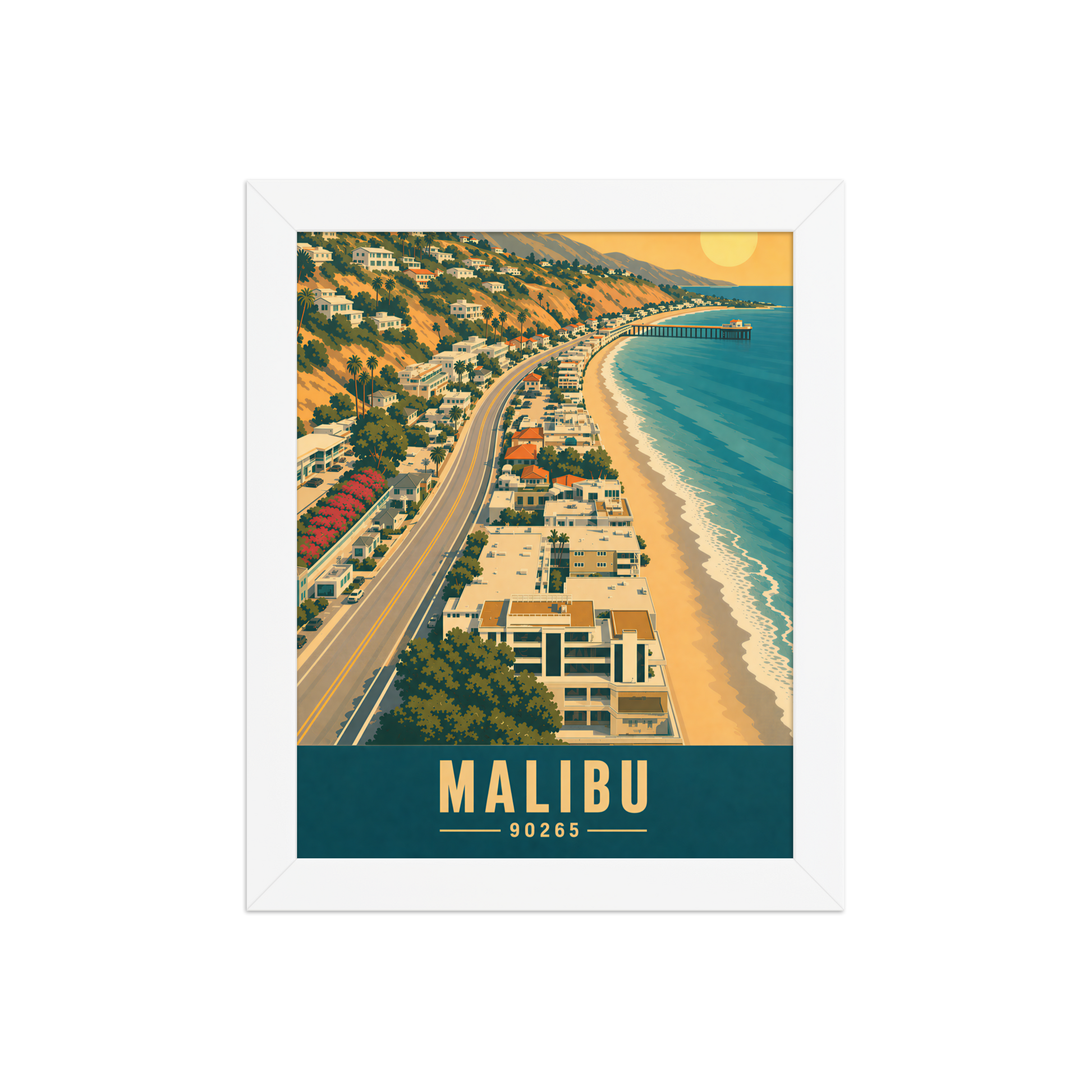 Framed aerial Malibu Pacific Coast Highway poster with 90265 zip code