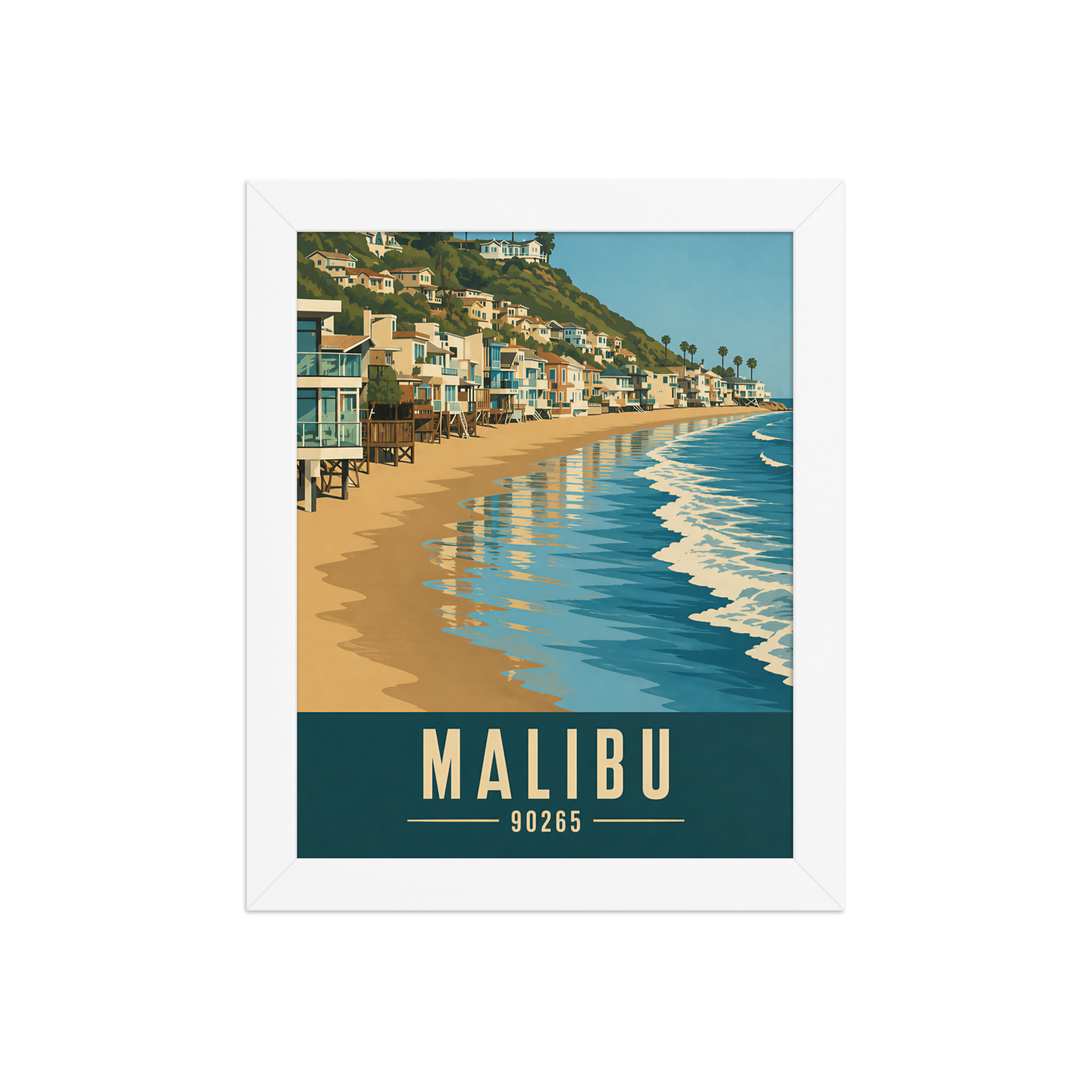 Framed Malibu beach house coastal poster with 90265 zip code