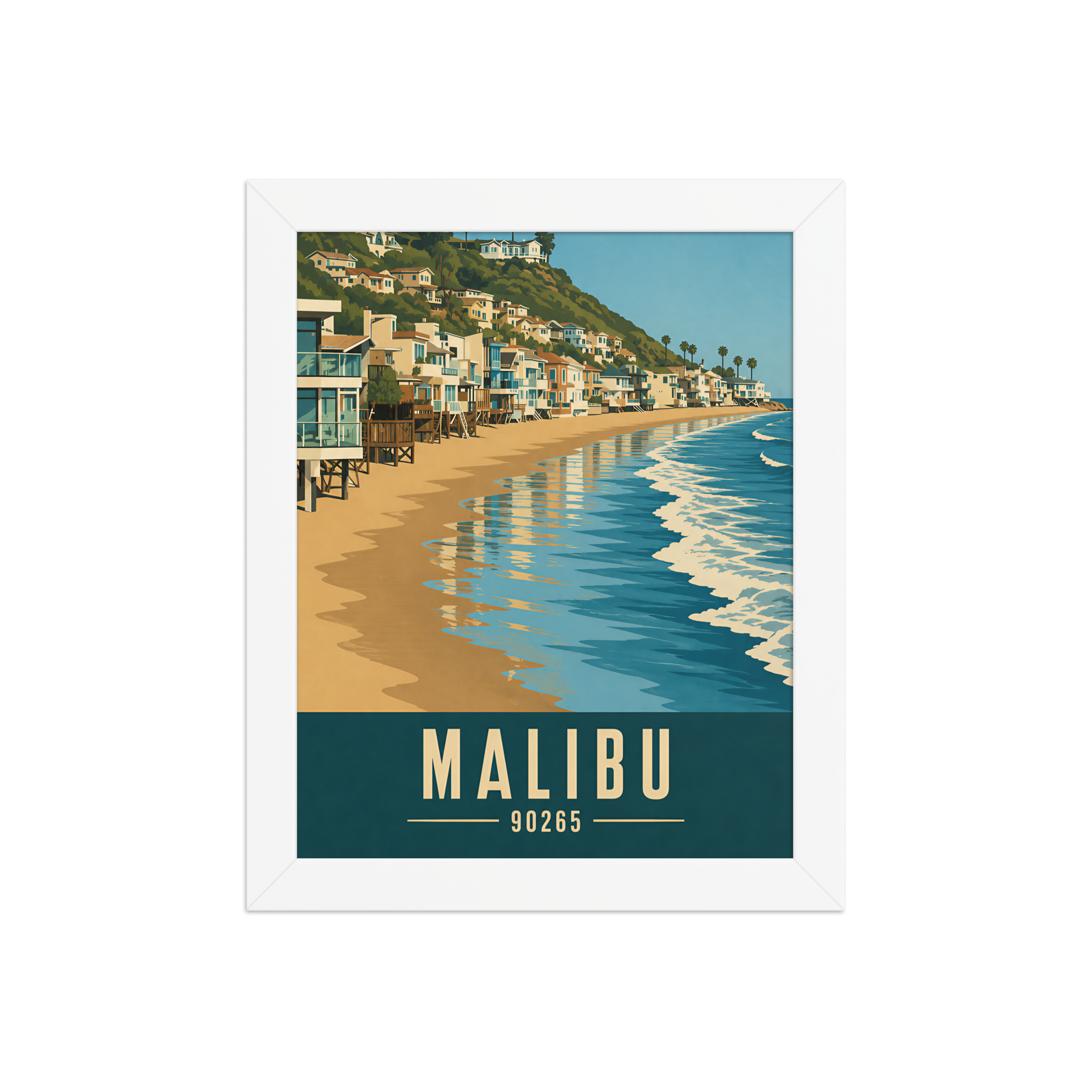 Framed Malibu beach house coastal poster with 90265 zip code