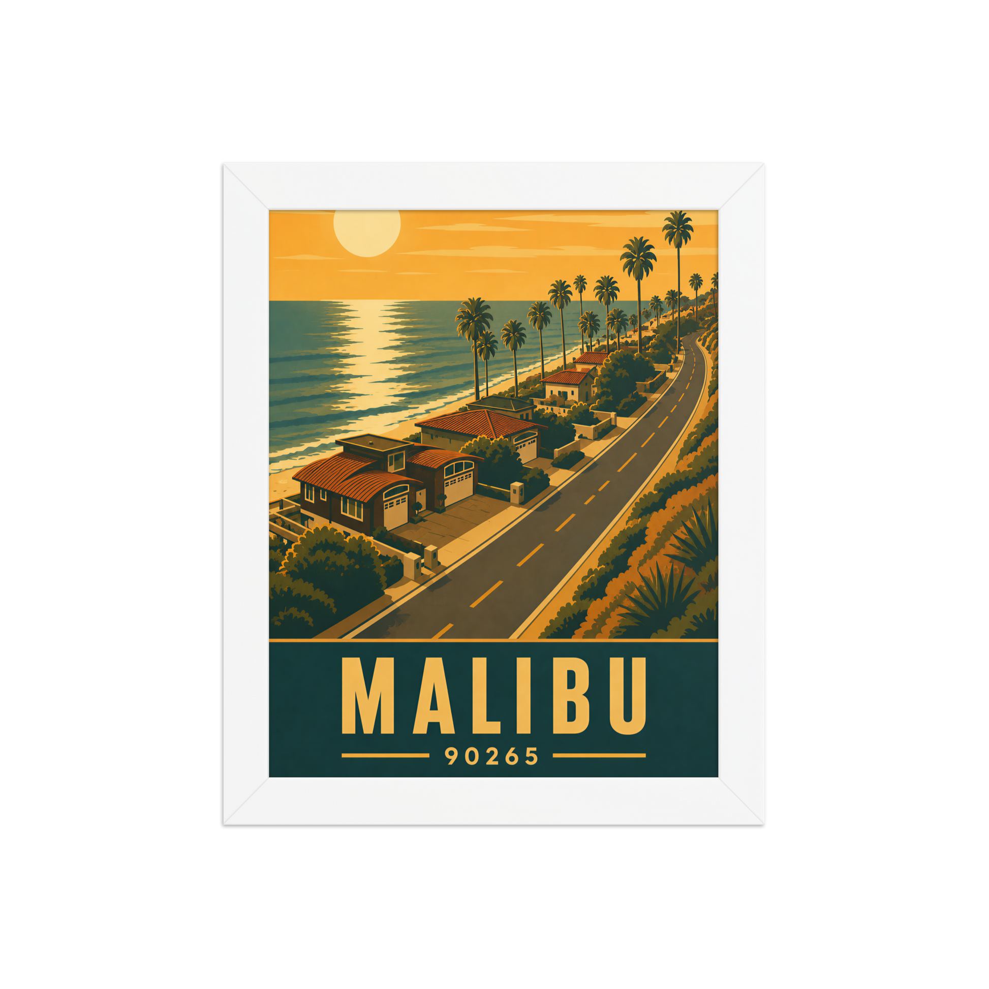 Framed Malibu palm-lined sunset coastal road poster with 90265 zip code