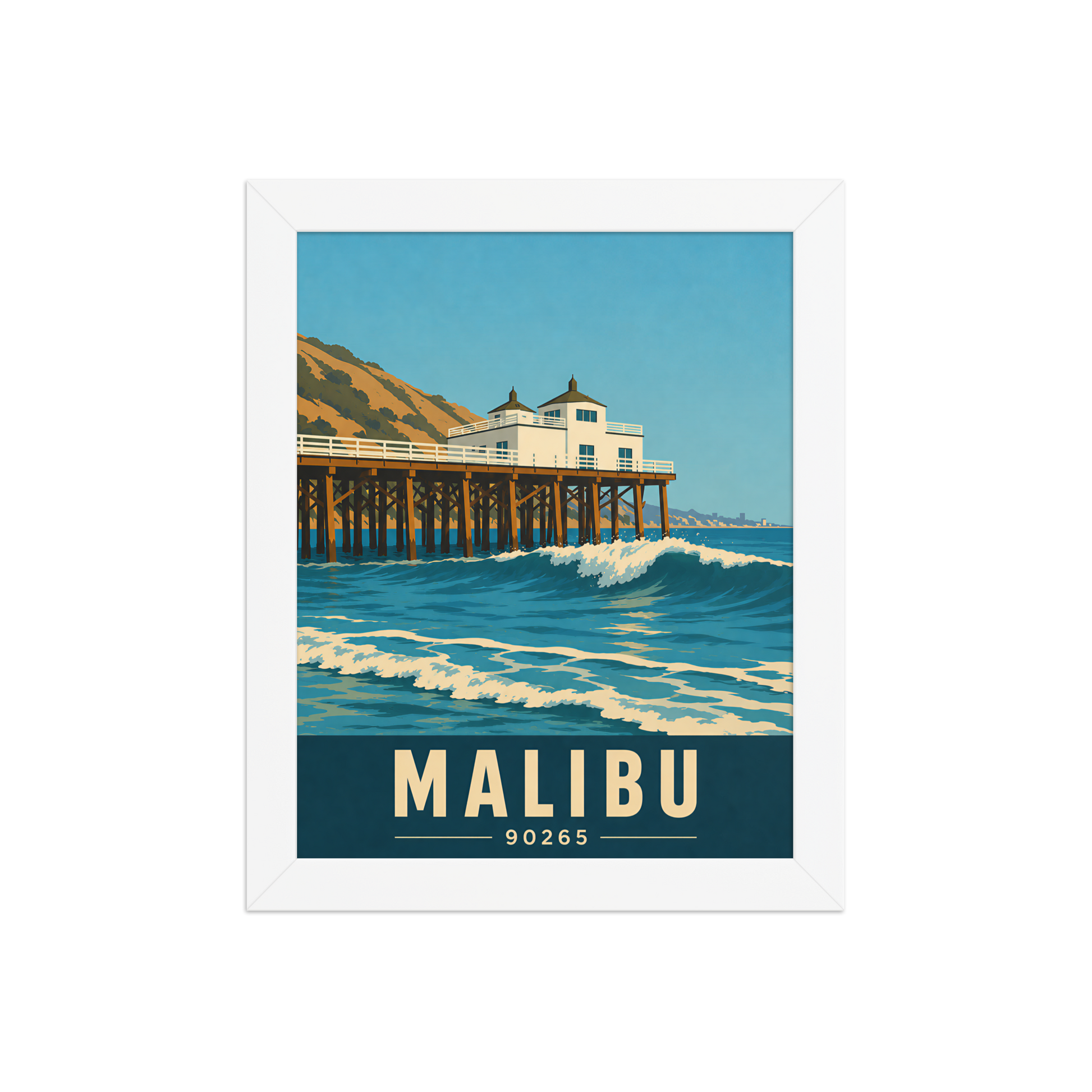 Framed Malibu oceanfront pier and waves poster with 90265 zip code