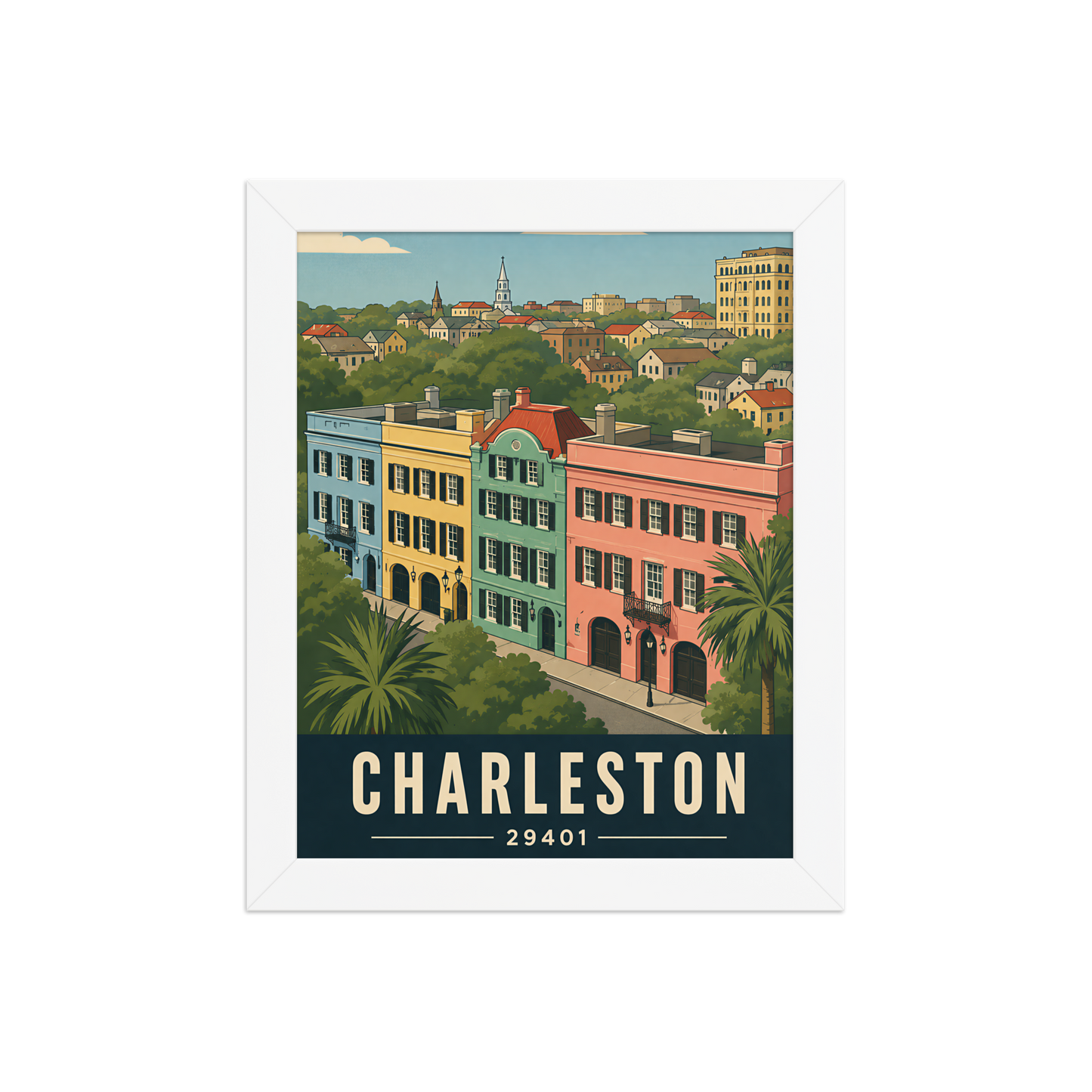 Framed Rainbow Row Charleston historic homes poster with 29401 zip code