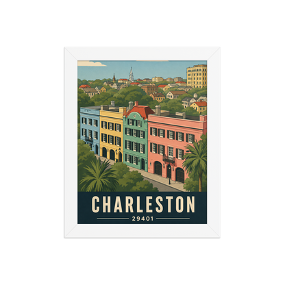Framed Rainbow Row Charleston historic homes poster with 29401 zip code
