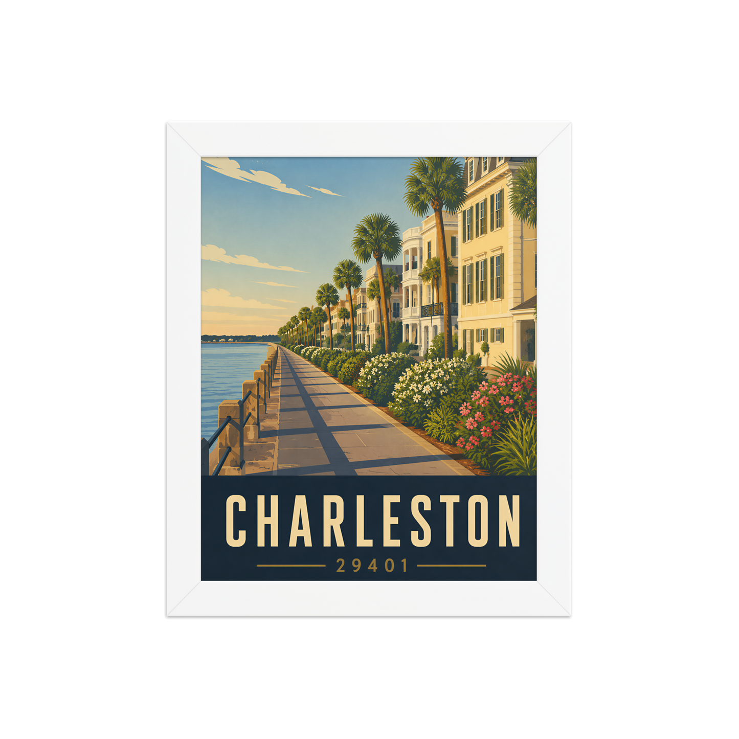 Framed Charleston The Battery waterfront poster with 29401 zip code