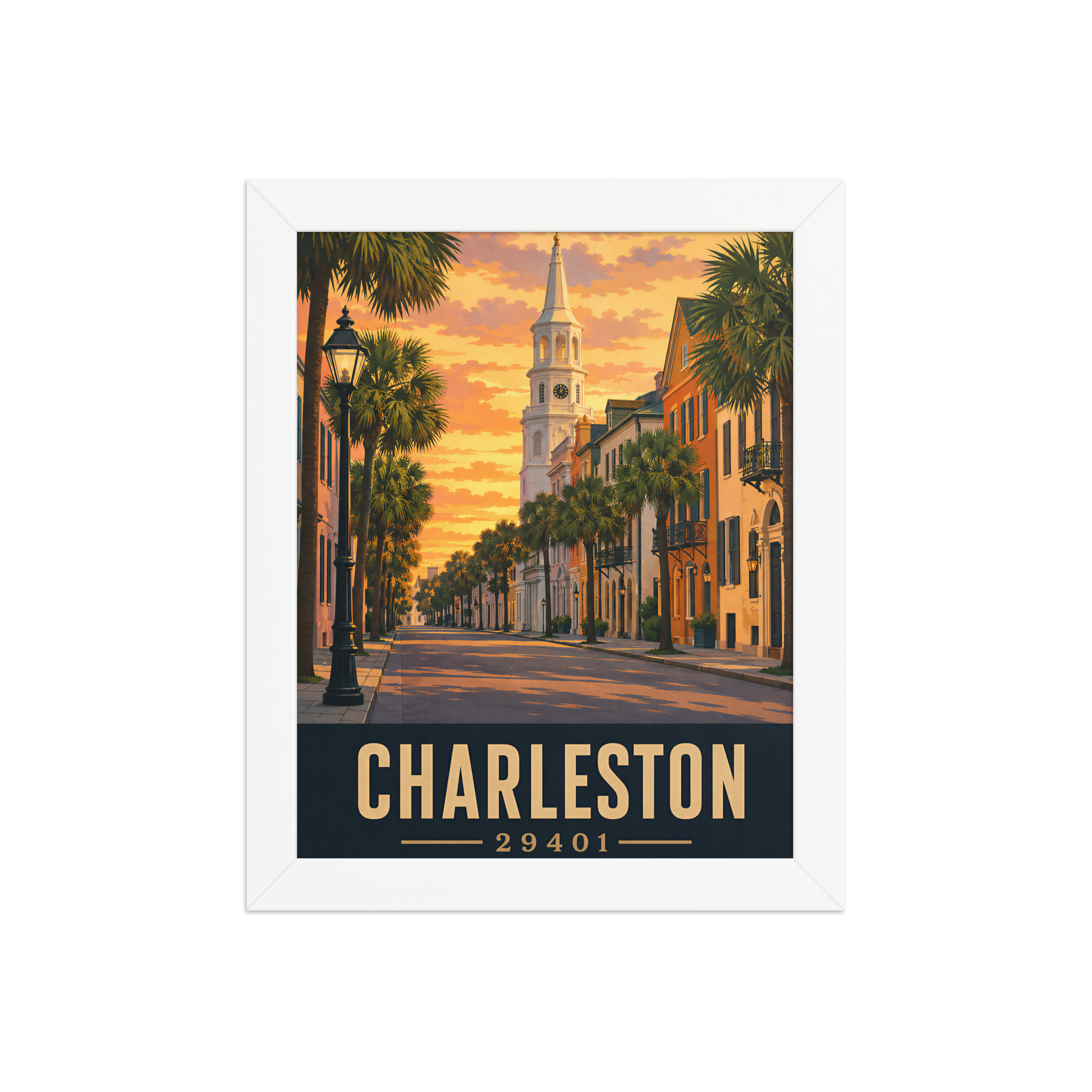 Framed Charleston church steeple sunset poster with 29401 zip code
