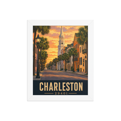Framed Charleston church steeple sunset poster with 29401 zip code