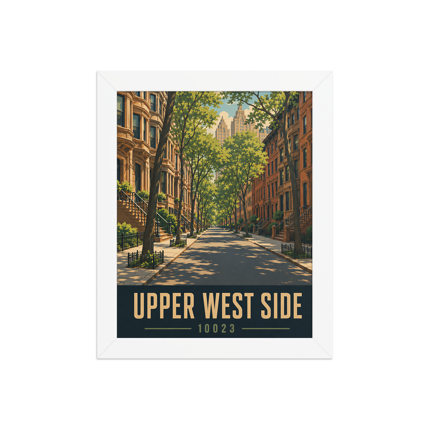 Framed Upper West Side brownstone street poster with 10023 zip code