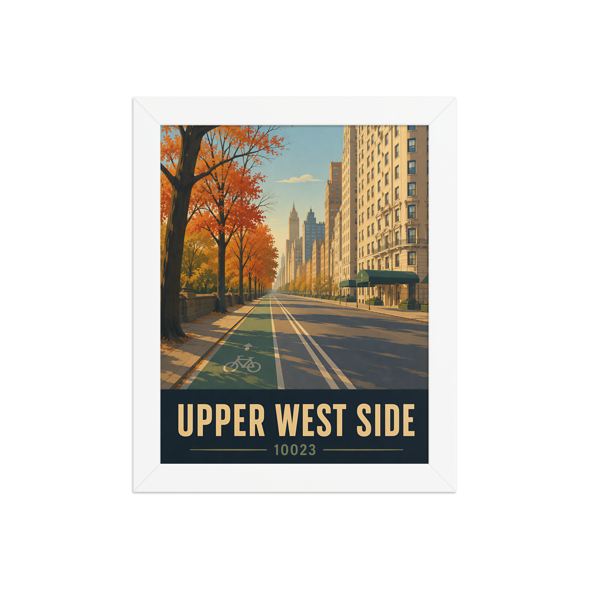 Framed Central Park West autumn poster with 10023 zip code
