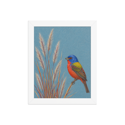 Framed Painted Bunting colored pencil illustration in prairie grass, dusty blue background, wood frame wall art